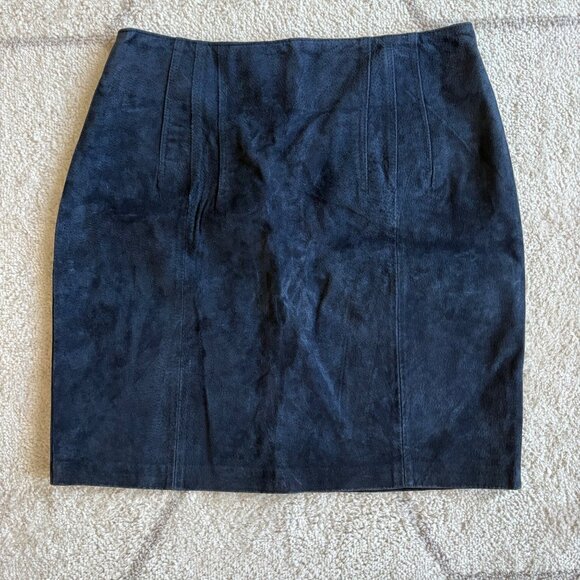 Vintage Express Suede Mini Skirt 80s/90s Navy Blue High-Waisted Pencil Style - Picture 2 of 8